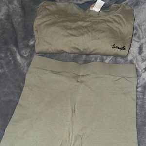 Olive Green Lounge Set with 'Smile' Embroidery